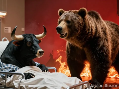 Aggressive Bear Approaches Bull in Hospital Bed Amid Flames