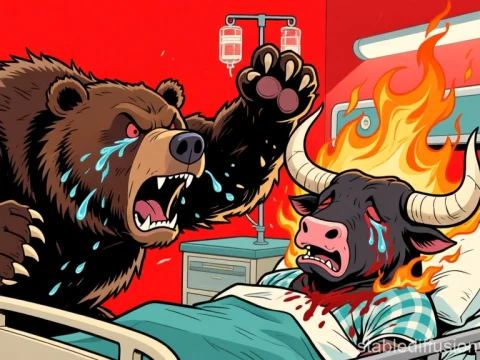 Aggressive Bear Attacking Suffering Bull in Fiery Hospital Scene