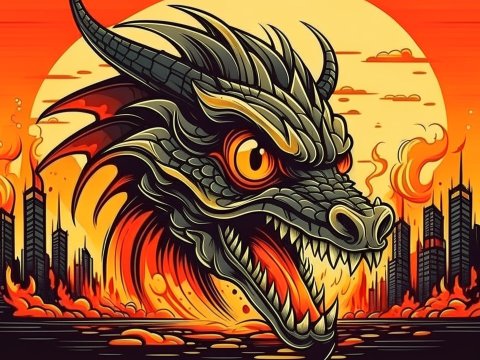 Aggressive Dragon Head Over Fiery Cityscape