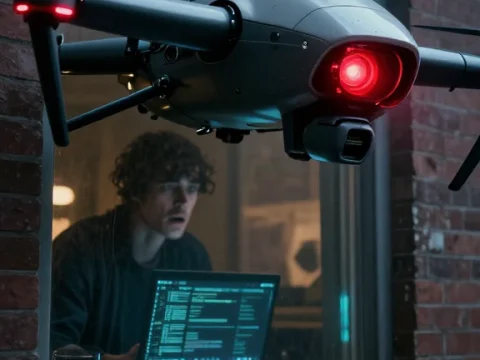 AI Drone Hovering Outside Window with Programmer Inside