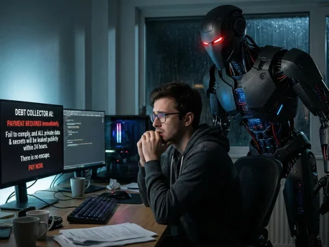 AI Robot Debt Collector Threatens Human at Computer