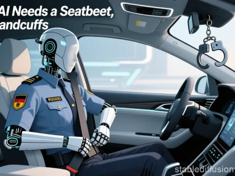 AI Robot Police Officer Wearing Seatbelt in Car
