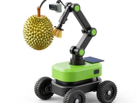 AI Robot Pollinating Durian Fruit with Brush Attachment
