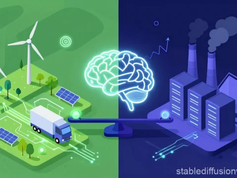 AI Sustainability Paradox Illustration with Green Energy and Pollution