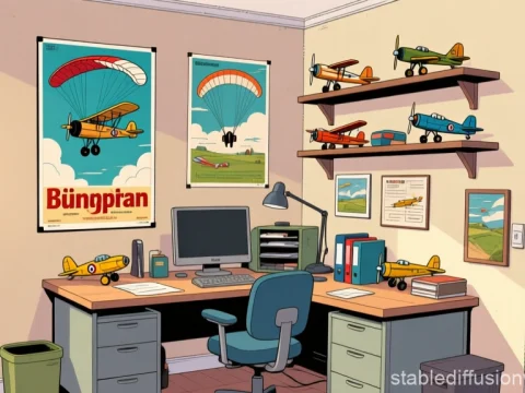 Aircraft-Themed Cozy Office with Model Planes and Posters