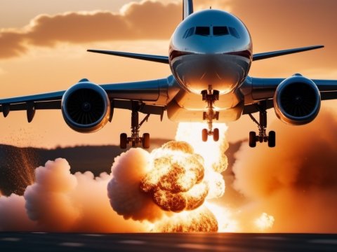 Airplane Landing Amid Explosions at Sunset