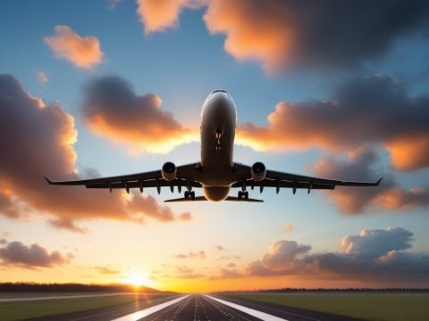 Airplane Taking Off at Sunset Over Runway