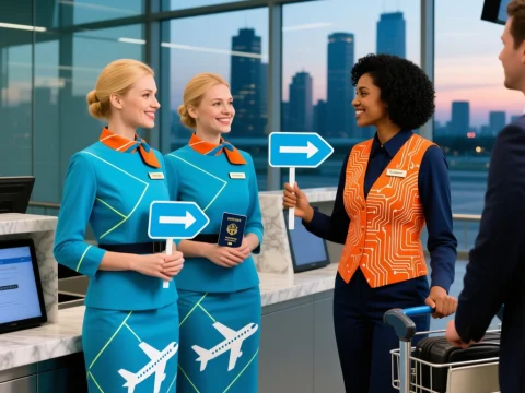 Airport Staff Guiding Passengers with Directional Signs