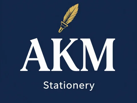 AKM Stationery Logo with Quill Pen Icon