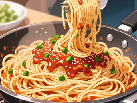 Al Dente Spaghetti with Tomato Sauce in Pan
