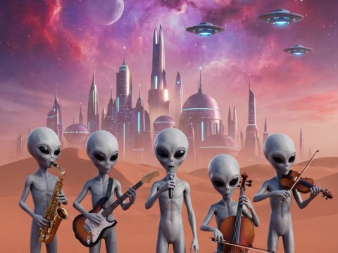 Alien Band Performing on a Desert Planet with Futuristic Cityscape