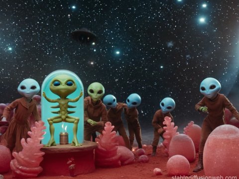 Alien Ceremony on a Distant Planet Under Starry Sky
