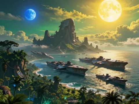 Alien Coastline with Dual Moons and Ancient Ruins