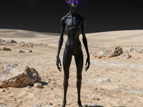 Alien Creature with Glowing Purple Eyes on Desert Planet