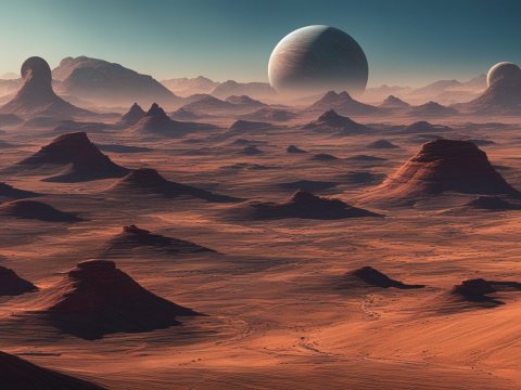 Alien Desert Landscape with Distant Planets