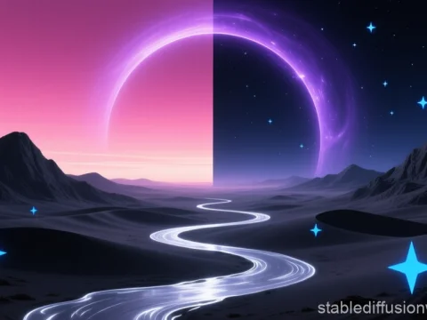 Alien Desert Landscape with Dual Celestial Rings