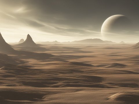 Alien Desert Landscape with Towering Rock Formations and Distant Planet