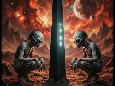Alien Figures Contemplating a Glowing Obelisk on an Alien Planet