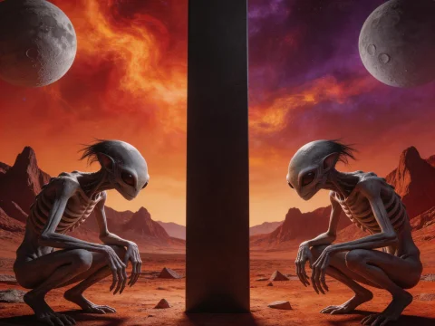 Alien Figures Contemplating a Monolith on a Red Planet