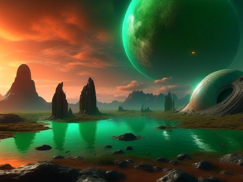 Alien Landscape with Giant Green Planet and Futuristic Structures