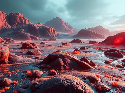 Alien Landscape with Glowing Red Slime and Rocky Terrain