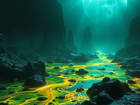 Alien Landscape with Glowing Yellow River Under a Large Moon