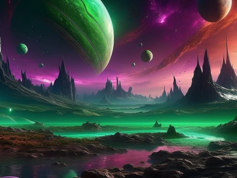 Alien Landscape with Multiple Planets and Spiky Mountains