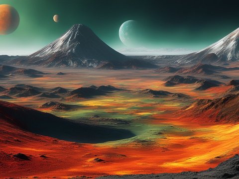 Alien Landscape with Multiple Planets and Volcanic Terrain