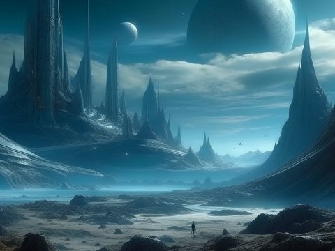 Alien Landscape with Towering Spires and Moons