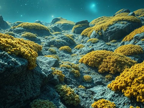 Alien Landscape with Yellow Moss on Rocky Terrain