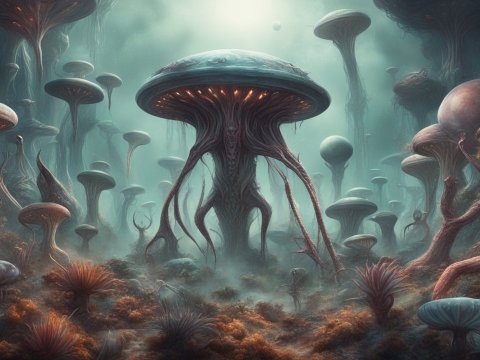 Alien Mushroom Forest with Bioluminescent Glow