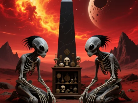 Alien Skeletons Worshiping Obelisk on Fiery Red Planet