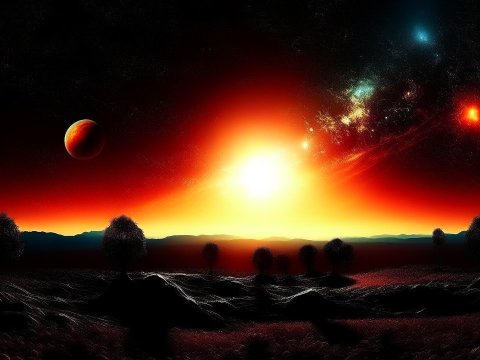 Alien Sunset with Distant Planets and Cosmic Sky