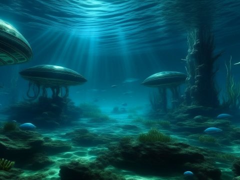 Alien Underwater Landscape with Bioluminescent Flora
