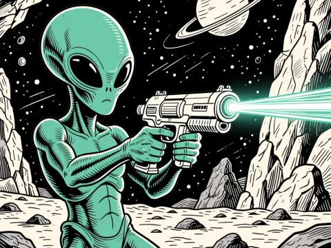 Alien with Laser Gun on Rocky Planet