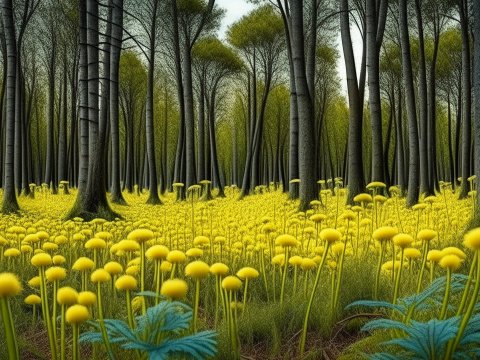 Alien Woodland with Yellow Fuzzy Flowers