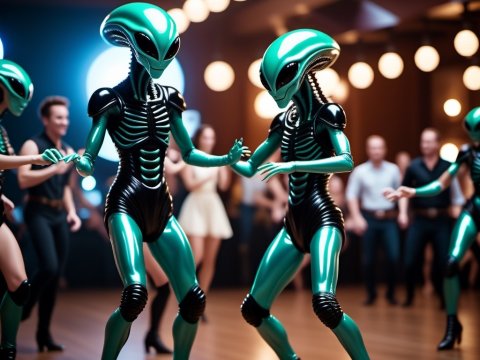 Aliens Dancing at a Retro-Themed Party