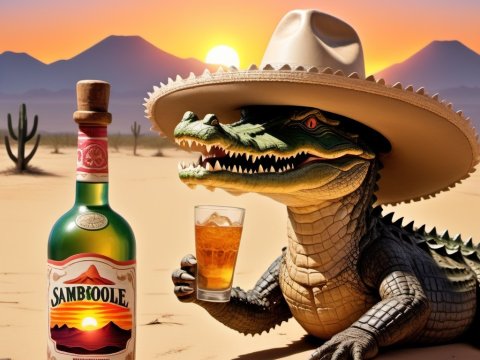 Alligator Wearing Sombrero with Drink in Desert Sunset