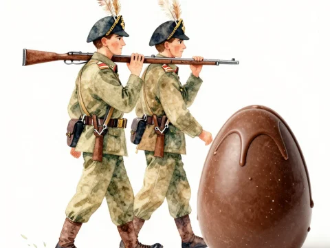 Alpini Soldiers Marching Beside a Chocolate Egg