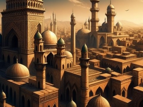Ancient Arab Cityscape with Ornate Domes and Minarets