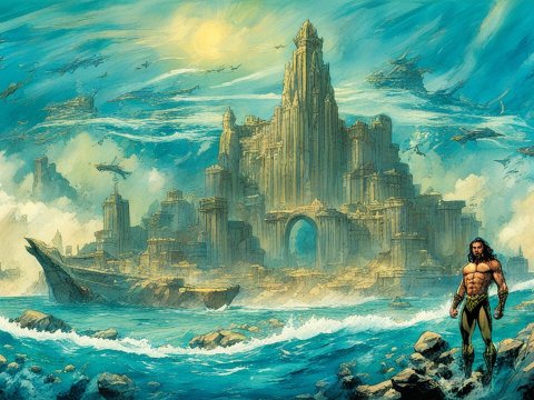 Ancient Atlantis with Heroic Figure by the Sea
