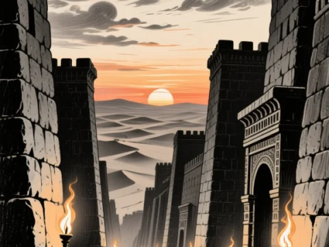 Ancient Biblical City at Sunset with Towering Stone Walls