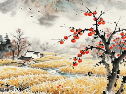 Ancient Chinese Landscape with Persimmon Tree