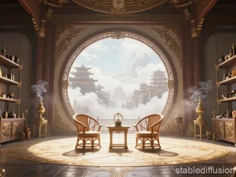 Ancient Chinese Pavilion with Scenic Mountain View