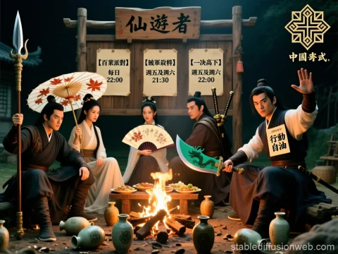 Ancient Chinese Warriors Gathering Around Campfire