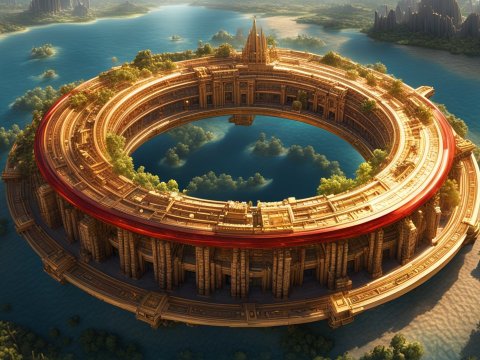Ancient Circular Temple Surrounded by Water and Lush Islands