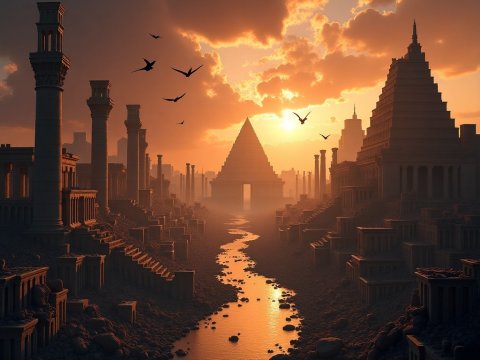 Ancient City at Sunset with Pyramidal Temples and Birds