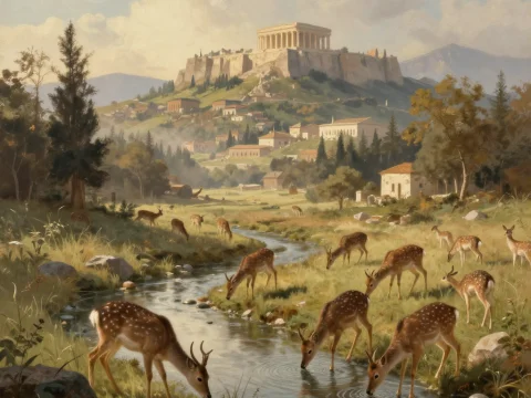 Ancient City Landscape with Deer by a Stream