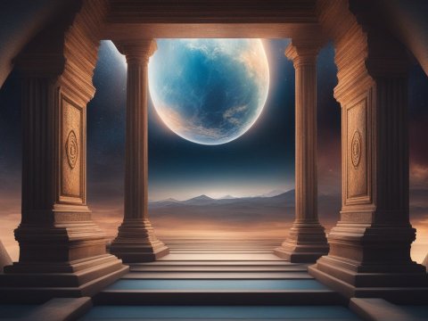 Ancient Columns Framing a Distant Blue Planet