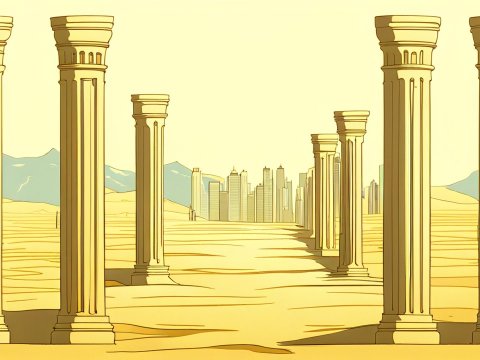 Ancient Columns Leading to Modern Cityscape in Desert